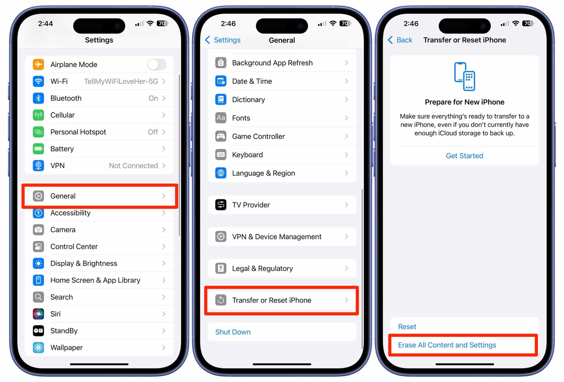 Perform factory reset on iPhone via Settings